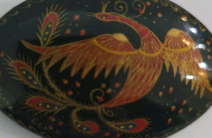 Hand Painted Bird 2.5″ Brooch Wood Made In Russia Vintage in Gift Box