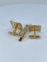 vintage Swank Pearl cufflinks and tie clip bar set square polished gold tone