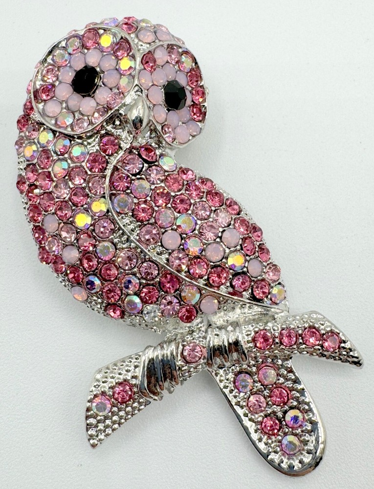 T12-1386 BROOCH SILVER PIN 1.6″ RHINESTONE ANIMAL PINK OWL BIRD