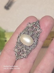 Vtg Sterling Silver Faux Pearl Marcasite Brooch Pin Art Deco Or Victorian