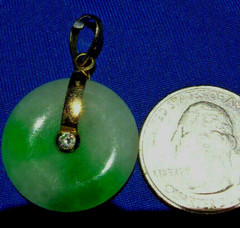 Original EARTH MINED Jadeite JADE DIAMOND Vintage Deco Disc Pendant 18K GOLD