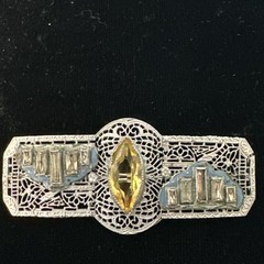 Vintage Rhodium Plated Filigree Gold Marquise Glass Baguette Brooch Art Deco