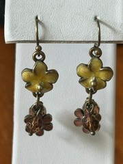 Yellow Enamel Flower Brown Bead Cluster Dangle Earrings Fishhook