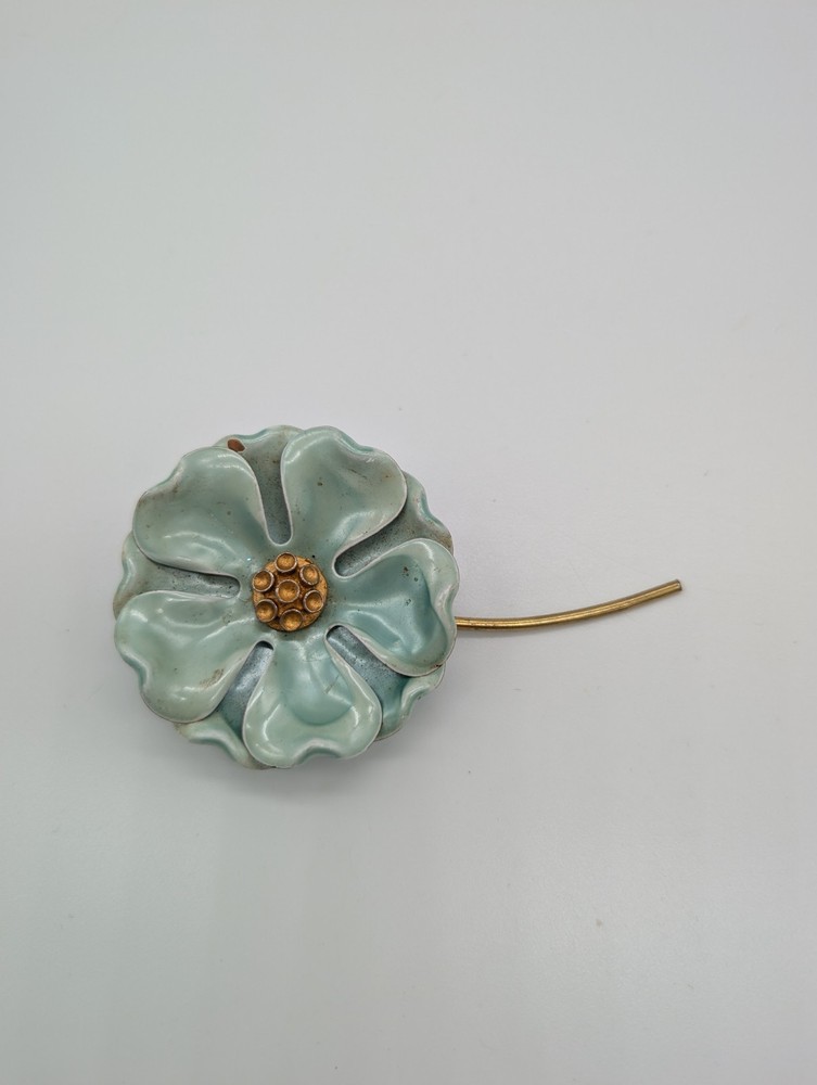 Vintage large enamelled turquoise flower brooch, 3.75 inches