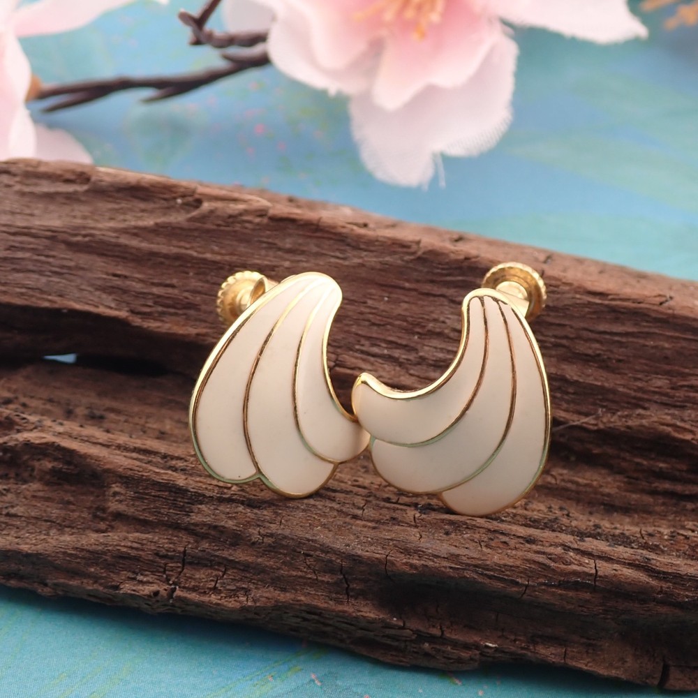 Vintage Cream Enamel Napier Screw Clip Back Gold Tone Earrings