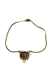 Antique Gold Tone Necklace w/Seed Pearls, Green Rhinestones, Purple Glass Center