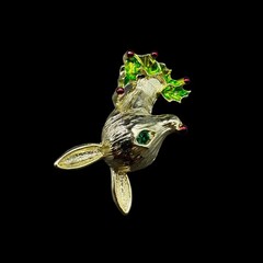 Vintage Gold Tone Reindeer Brooch Pin Christmas Holly Rhinestone