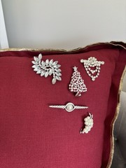 Red Pillow, Gold Trim w/Vintage Rhinestone Brooch & Pin Mixed Lot Silver Tone