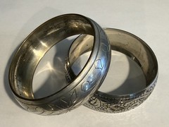 LOT OF 2 VINTAGE ETCHED SILVER PLATED PEWTER WIDE BANGLE BRACELETS