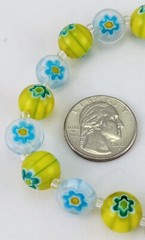 34″ Bright Yellow Blue & White Millefiori Art Glass Bead Necklace