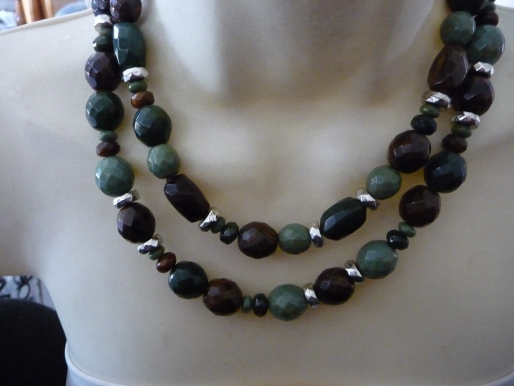 GREEN BROWN BLACK & SILVER TONE BEADS 2 STRANDS NECKLACE #23/5A