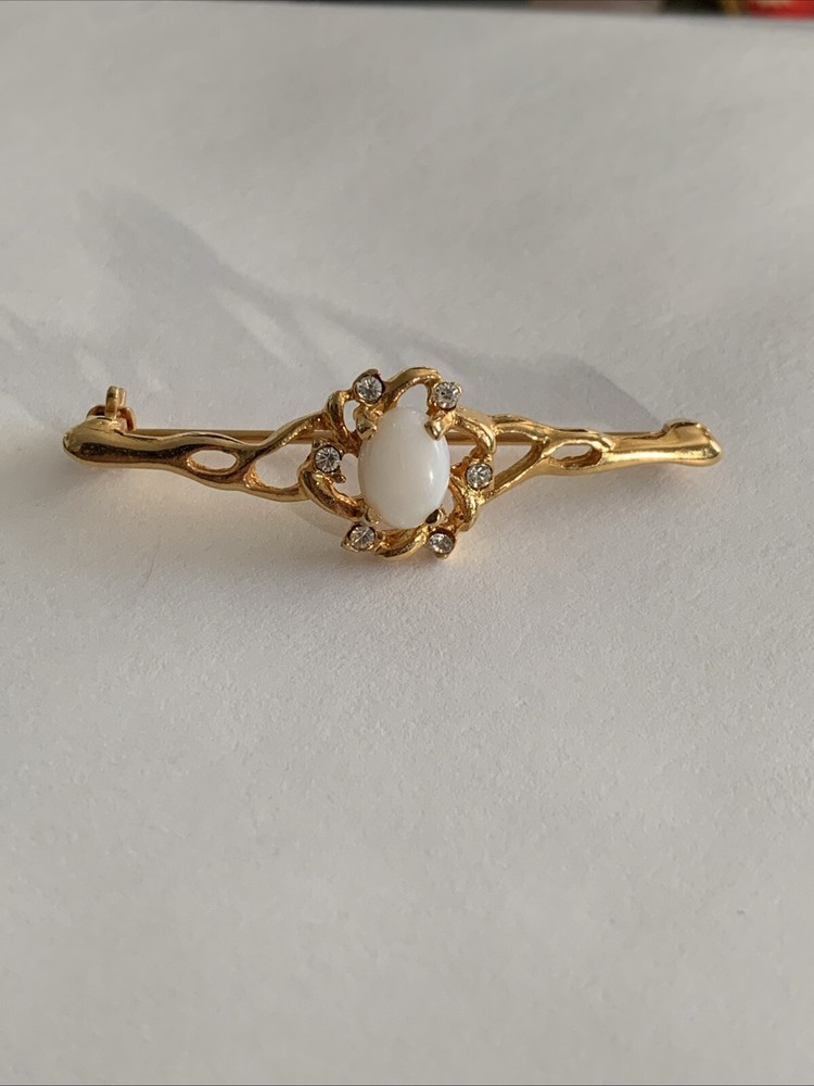 1 3/4” Vintage Bar Brooch Pin Faux Pearl White Stone Gold Tone