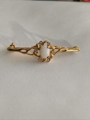 1 3/4” Vintage Bar Brooch Pin Faux Pearl White Stone Gold Tone