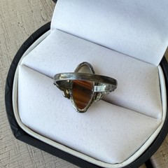 Antique 10k Yellow Gold & Sterling Banded Agate Marquis Navette Ring