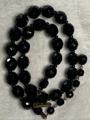 Vintage M.I. Western Germany Black Faceted Glass Necklace 16” + Earrings