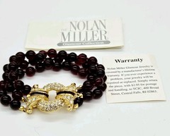 NOLAN MILLER Bracelet Bordeaux Red Glass Bead Rhinestone Vintage Couture 8 in
