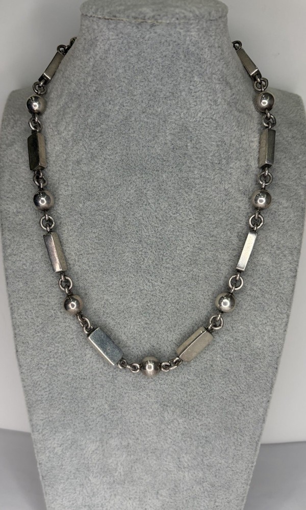 Vintage TD-40 DC Taxco Mexico Sterling Silver Alternating Necklace 15.5″