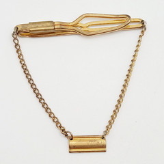 Retro Brass Open Metal Slide Bar with Draping Chain Plaque Vtg Tie Clip Clasp