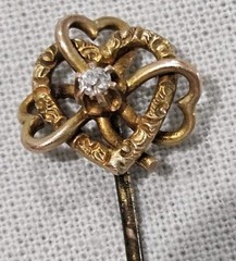 Antique Victorian Tested 10k Gold & Real Diamond Triple Heart Hat Pin Read Read