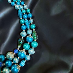 Vintage 3 Strand MCM Art Glass Lucite Bead Necklace Aqua Teal Blue 1950s-1960s