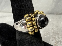 Vintage Silver & Gold Tone Black Dome Cab Ring Size 6