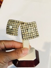 Vtg WEISS Sparkling Clear Rhinestones Square Shape Earrings & Necklace 15” Set