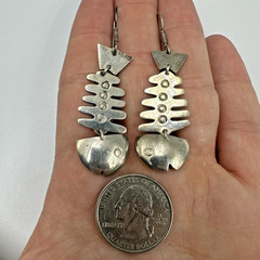 Vtg Taxco Sterling Silver Articulated Skeleton Bone Fish Dangle Earrings 15.9g