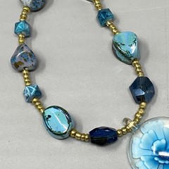 Bursting Glass Flower Pendant Necklace Blue Borosilicate Acrylic Beads 21″