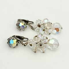 Vintage AB Crystal Glam Cha Cha Beaded Clip On Dangle Drop Earrings