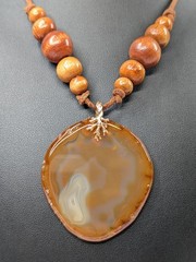 Vintage Carnelian Agate Slab Pendant Necklace Wood Bead Leather Cord 22″ Boho
