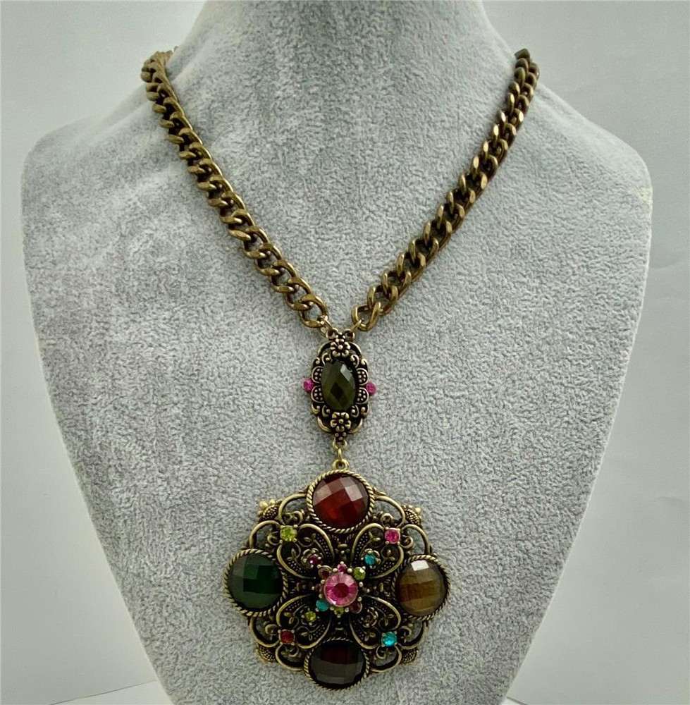 1990’s Multicolor Glass & Rhinestones Chunky Statement Pendant Necklace 21″