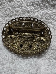 Vintage West Germany Filigree Gold Tone Pearl & Black Rhinestone Brooch Pin