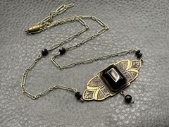 Vintage Art Deco Gold Tone Black Glass Pendant Necklace Chain 20”
