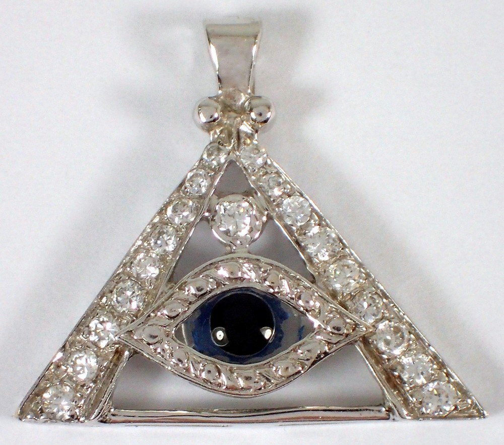 ESTATE Vtg Signed 2.9g SOLID 18k White Gold Glass Evil Eye CZ Necklace Pendant
