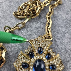 Maltese Cross Blue Cabochon Rhinestone Regal Mogul Double Brooch with Chain RARE
