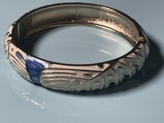 Vintage Enamel Hinge Bangle Bracelet Blue White Abstract Design Gold Tone