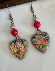 Polymer Clay Heart Dangle Earrings 90s Vintage Multicolor Love Retro Beaded