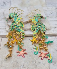 VERY RARE! Vintage Retired Lunch At The Ritz SEAHORSE EARRINGS 5″ Hand painted