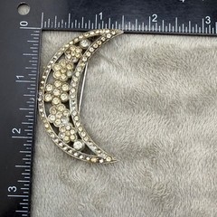 Vintage Rhinestone Brooch Silver Tone Crescent Moon