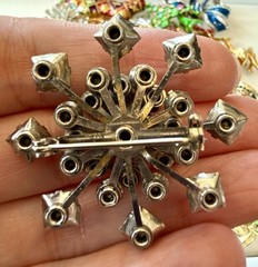 Vintage Rhinestone Snowflake Brooch Square Cut UV Glow Silver Tone 1.75”