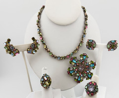 Hollycraft Pastel Rhinestone Parure Necklace Brooch Rings Earrings 6 Pc Lot 1953