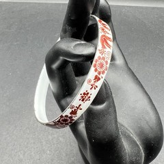 Vintage Enamel Bangle Bracelet White Red Brown Folk Art Bird Floral Boho Retro