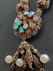 Vintage West Germany Aurora Borealis Rhinestone Filigree Necklace 22” S84