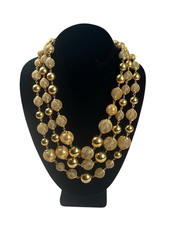 Vintage Monet Triple Strand Graduated Gold Tone Mesh & Smooth Ball Necklace