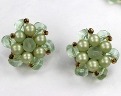 Vintage 50s Green Bauble Necklace Earrings Jewelry Set Frosted Opaque W Germany