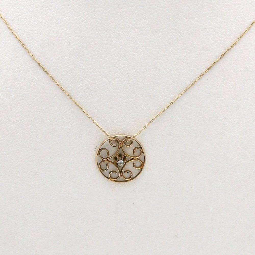 Art Nouveau Solid 10k Gold Natural Mine Cut Diamond Circle Pendant Necklace 21in