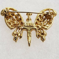 Vintage Signed LIA Designer Butterfuly Brooch Pin w Red Rhinestones Secure Clasp