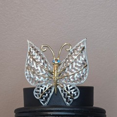 Vintage Avon Butterfly Brooch Silver Gold Tone Filigree Blue crystal Rhinestones