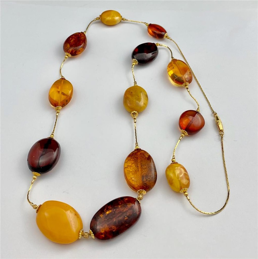 Vintage Baltic Amber Varied Color Gold Tone Chain Station Bead Necklace 29″ Long