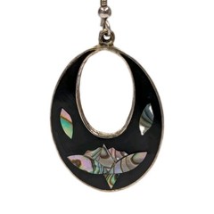 Vintage Alpaca Mexico black earrings with mother of pearl and abalone flowers